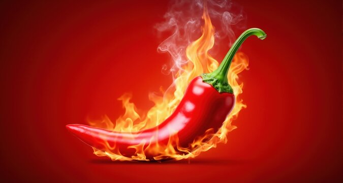 Hot chili pepper with flames and smoke on red gradient background
