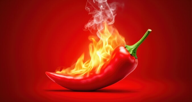 Hot chili pepper with flames and smoke on red gradient background
