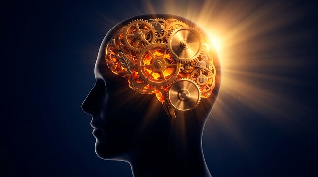 A conceptual illustration of a human head silhouette with a glowing golden gear mechanism representing complex thinking and intelligence