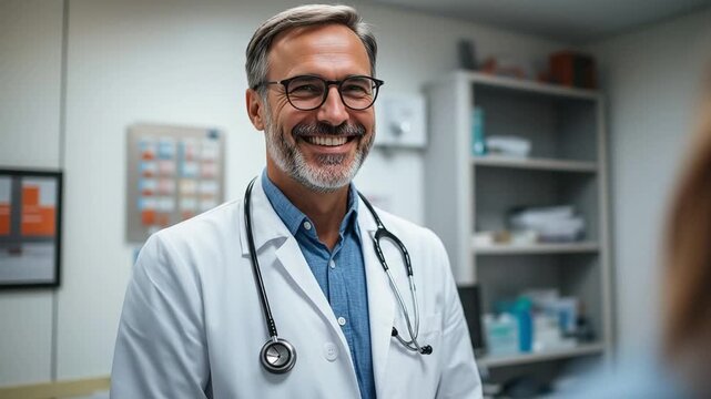 A friendly middle-aged doctor smiling warmly while speaking with a patient in a modern medical clinic. Ai generated