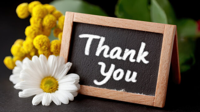 Small thank you chalkboard frame sign with white chalk script and fresh daisy and yellow flowers on dark surface for event placecards and appreciation messages