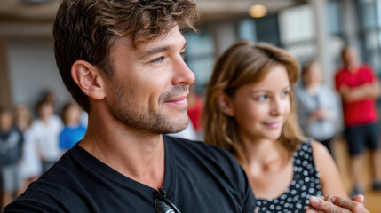 Fototapeta premium Smiling man and woman audience listening at a museum workshop for learning and tourism banner and community event background