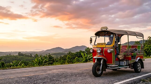 Red and yellow auto rickshaw parked on a mountain road at sunset