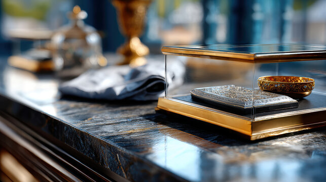 Ornate antique boxes and jewelry in a glass display case on marble table for museum exhibit and luxury collection background