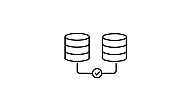 Database Network Sync Connection Icon, Two database storage units connected with check mark sync line icon animation.