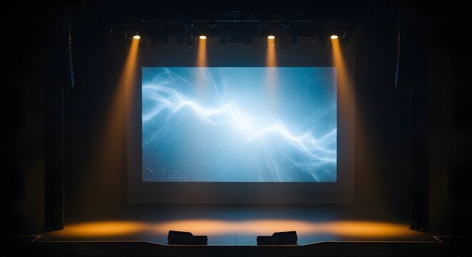 Empty theater stage with large glowing screen and spotlights