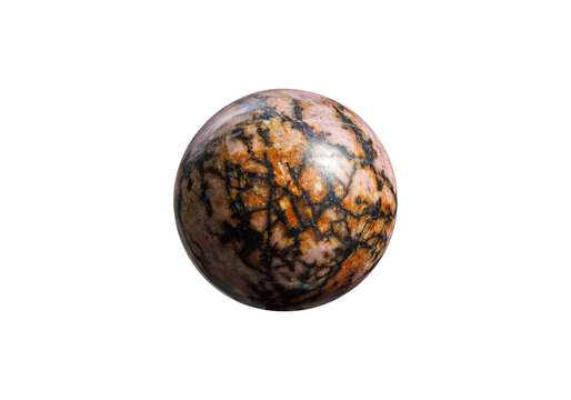 A polished black rhodonite sphere on a white isolated background, featuring subtle pink and black swirls with a glossy finish. Ideal for decor, healing, or mineral collections.