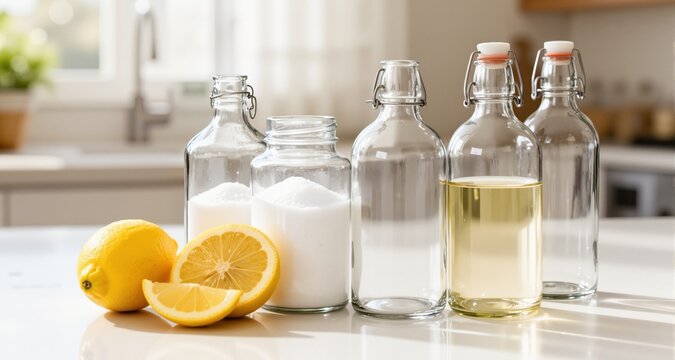 Eco-friendly natural cleaning products with lemons, baking soda, and refillable glass bottles on a bright kitchen counter.
