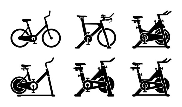 Spin Bike Icons, Stationary Bicycle Vector Set, Indoor Cycling Equipment Graphics
