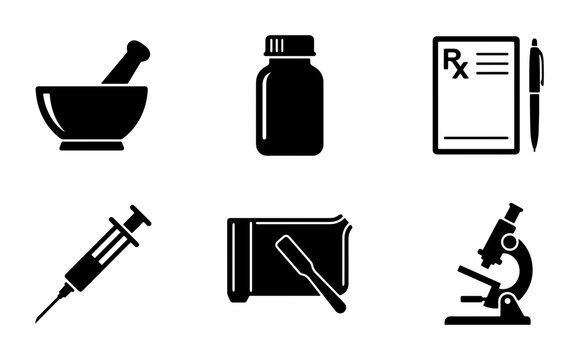 Medical Icons Set: Pharmacy, Syringe, Microscope, Rx Pad, Pill Bottle, Mortar Pestle