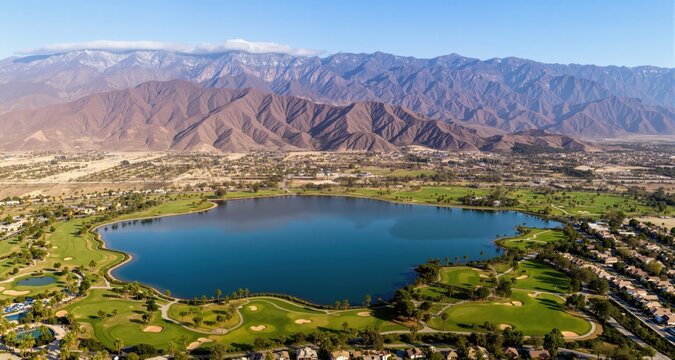 Aerial view of Otay Lakes County Park in Chula Vista, California, a scenic view of a mountain range, the lake. High quality photo
