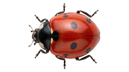 Macro view of ladybug beetle with red wings and black spots isolated on transparent background png cutout. © Isolated_png
