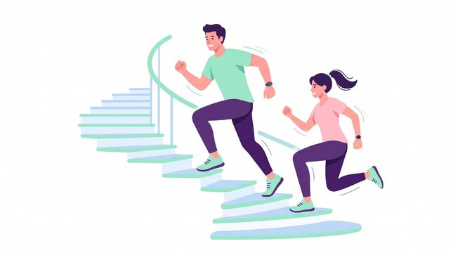 Couple running up green stairs together happily