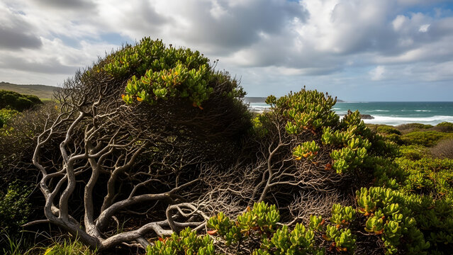 Twisted coastal trees with ocean view under cloudy sky.