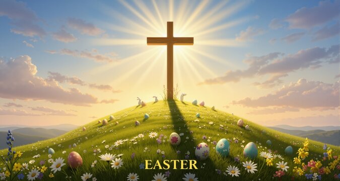 Christian spiritual icon of a cross on a hilltop celebrating the resurrection at Easter
