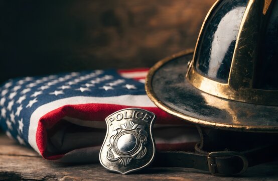 First Responders Tribute with Vintage Firefighter Helmet, Police Badge, and Folded American Flag on Wooden Table - 911 Patriot Day Memorial Concept
