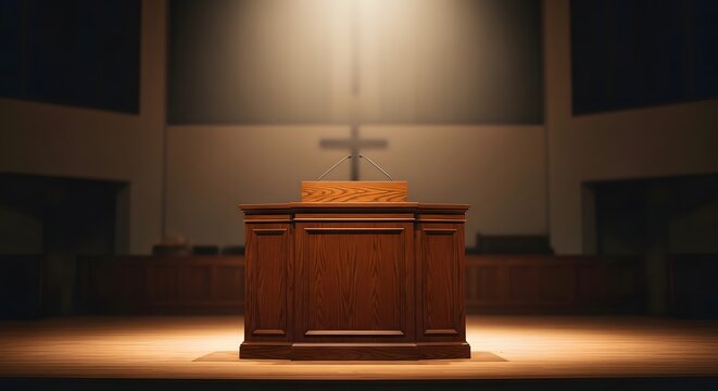 Wooden pulpit with a cross in a dimly lit church interior