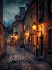 Fototapeta premium Mysterious and Atmospheric Narrow Cobblestone Street in a Historic European Old Town at Twilight Illuminated by Warm Lanterns