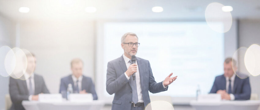 Conference speaker holding microphone at business event delivers an engaging keynote presentation in a bright modern seminar hall with blurred panel members in suits