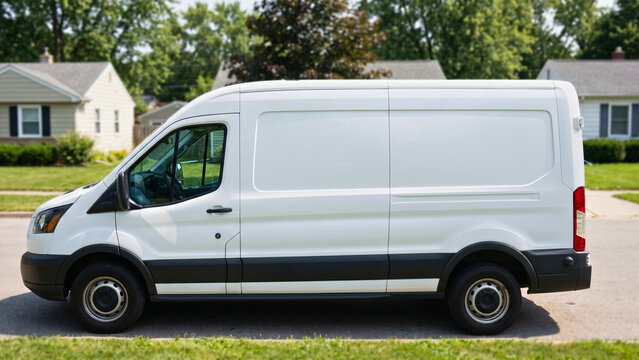Blank delivery van side panel on residential street, vehicle branding mockup, business marketing display with copy space