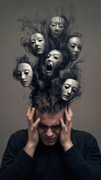 Man suffering from schizophrenia with multiple expressions emerging as smoke from head. Mental disorder and psychological distress concept. Creative representation of fractured mind state.