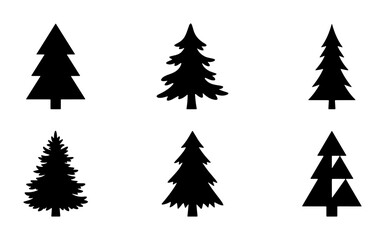 Obraz premium Six Black Silhouette Christmas Tree Icons, Pine Tree Vector Graphics, Winter Forest Elements, Holiday Season Symbols