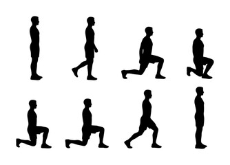 Obraz premium Fitness Exercise Silhouette: Lunges Sequence, Workout Step Guide, Human Body Movement Icons