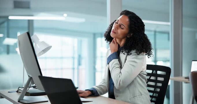 Computer, woman and neck pain in workplace, fatigue or massage with poor posture on deadline. Technology, injury and tired person in office with strain, bad ergonomics and discomfort with burnout