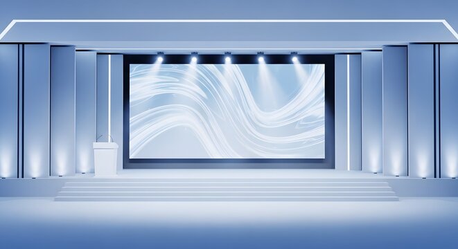 Modern blue studio news stage with large screen display