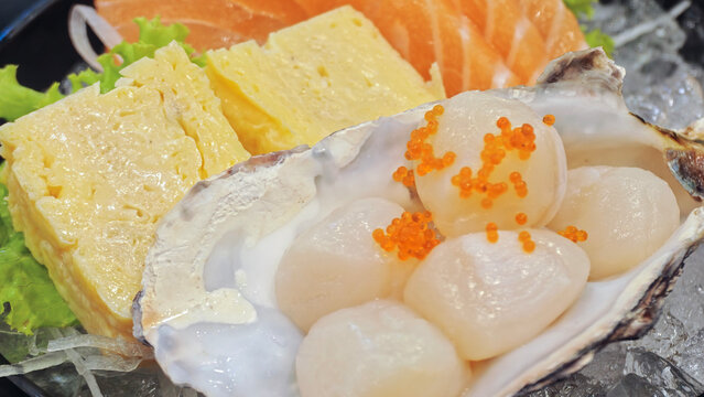 Fresh raw hotate scallop sashimi with tobiko served in the shell alongside tamagoyaki and salmon sashimi on crushed ice