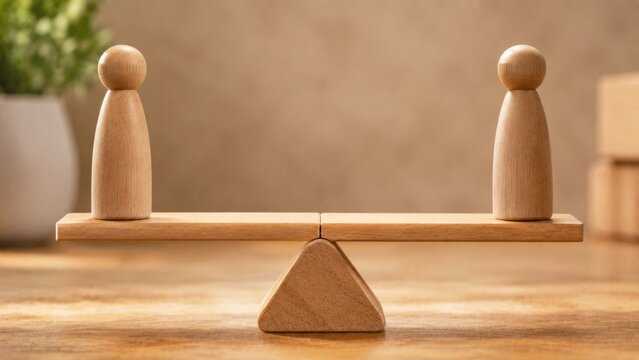 Two wooden human figures perfectly balanced on a seesaw representing equilibrium.