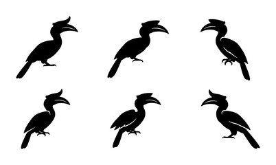 Six Black Hornbill Silhouettes, Tropical Bird Vector Graphics, Exotic Wildlife Iconography © Jamil