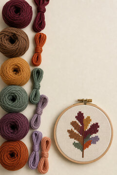 Embroidered oak leaf in wooden hoop with colorful yarn balls. Textile autumn craft set for needlepoint hobby. Seasonal creative art design with embroidery thread and fabric material.
