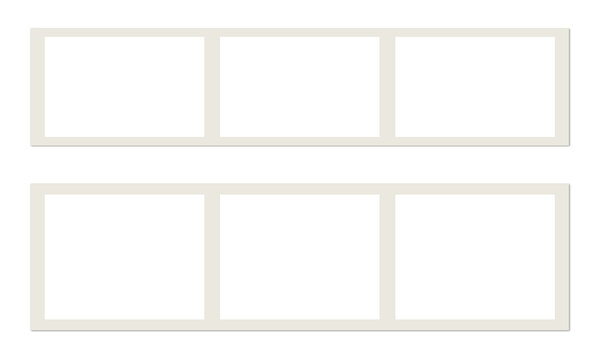 Double horizontal film strip frames with three blank rectangles each for photo gallery.