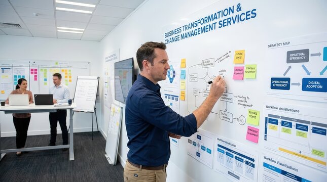 A business coach leads a brainstorming session using colorful sticky notes, strategic planning, teamwork, innovation, workplace collaboration, project management.