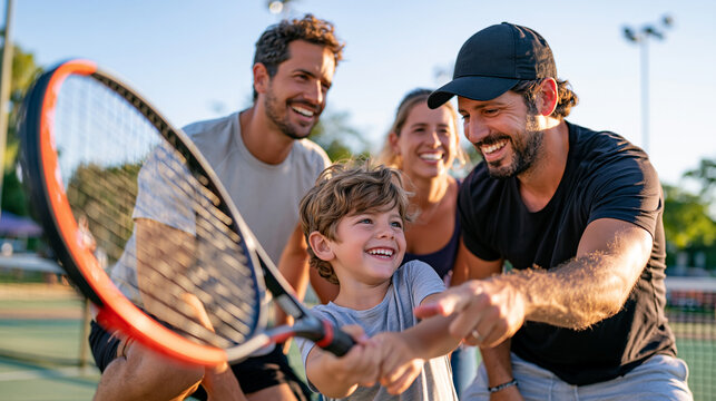 A family unit of four standing in an empty desolate sports ground at dawn, the parents watching as their child holds a tennis racket mid-swing under coaching instruction from the other parent, the i