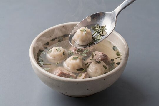 Dushbara with creamy broth, tiny dumplings, and chunks of meat, topped with fresh herbs. Concept of warm comfort food featuring tiny dumplings in lamb broth mint.