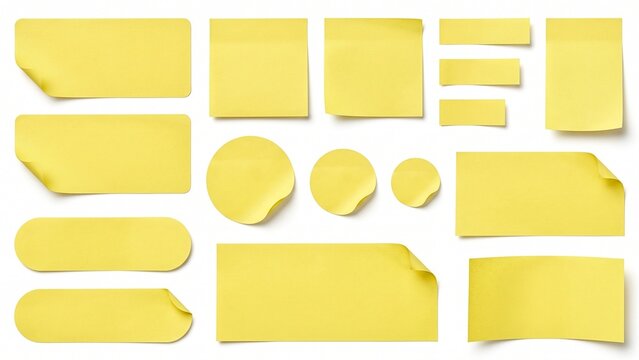 Yellow Sticky Notes Collection Featuring Varied Shapes and Curled Corners