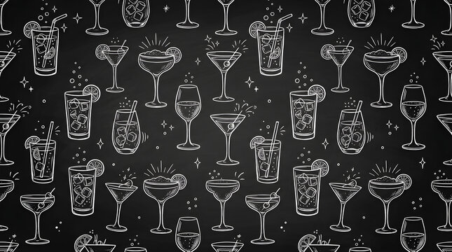 Seamless pattern with handdrawn cocktail glasses on a chalkboard background