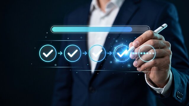 Business Professional Completing Digital Workflow Milestones Through Interactive Progress Interface