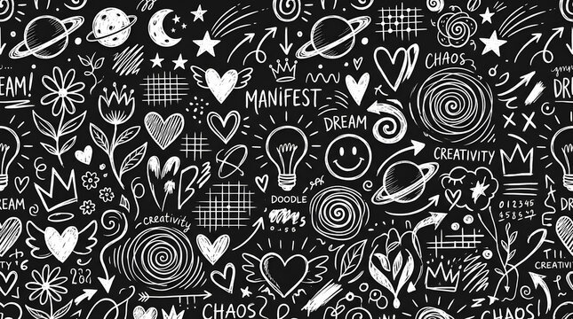 Seamless pattern with handdrawn doodle elements on a black background
