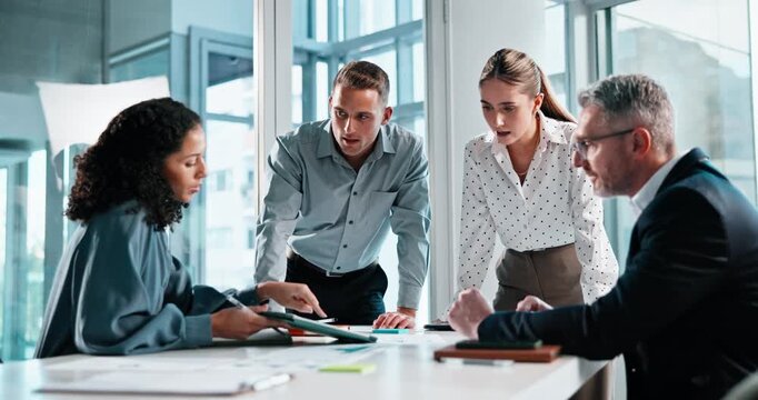 Collaboration, meeting and tablet with business people in boardroom for applause or feedback. App, celebration and discussion with corporate employee group in workplace for development or success