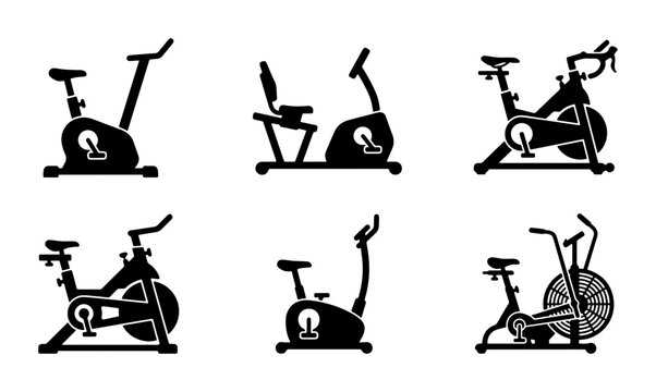 Exercise Bike Icons Set, Stationary Bicycle Vector Graphics Collection, Fitness Equipment Silhouettes for Gym and Home Workouts