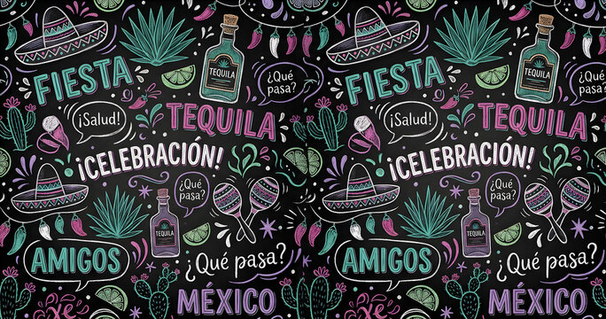 Seamless pattern with mexican fiesta elements on chalkboard background