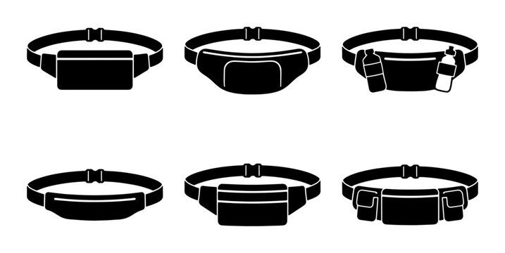Six Black Fanny Pack Icons, Waist Bags Collection, Belt Pouches Set, Sport Hip Bags