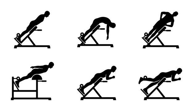 Back Extension Exercise Silhouettes, Fitness Routine Icons, Gym Workout Poses, Health Training
