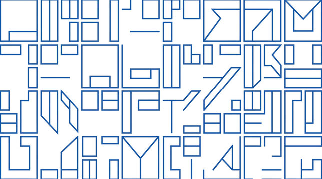 Abstract blue geometric line art pattern with architectural and technical symbols