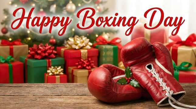 Happy Boxing Day greeting with red gloves and gifts illustration