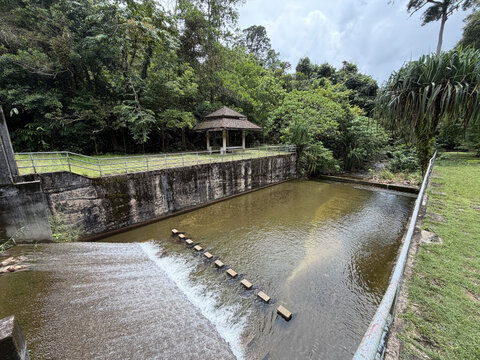 Concrete weir and shallow water pool in a tropical forest. Small dam with stepping stones and a wooden pavilion surrounded by dense green jungle vegetation