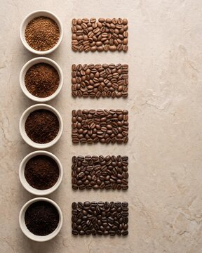 Coffee beans at various roasting stages, from light to dark, visually arranged next to corresponding bowls of ground coffee.